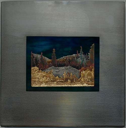 "Soon Just A Memory," Silver City, Kluane, Yukon. Bronze, copper, german silver, enamel, steel ,glass.
from: "A Second Look," 6"x6"